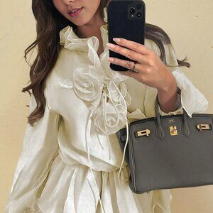 Light Beige Romantic Women's Gothic Floral Embellished Tie-Waist Loose Shirt